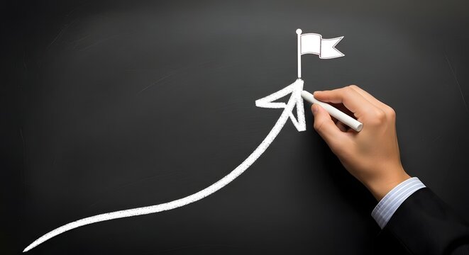 Achieving goals hand drawing an upward trend with a flag on blackboard