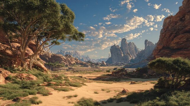 Majestic vista of barren landscape and imposing rock formations under a cloudy sky