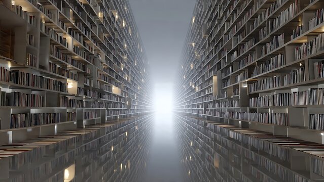 An endless, futuristic library corridor with towering bookshelves on both sides stretching toward a bright light at the horizon, representing vast data, wisdom, and lifelong learning.