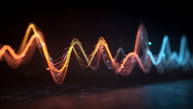 A dynamic sound wave of glowing neon orange and blue light frequencies pulsing across a dark background, representing digital audio technology, voice data, and electronic music.