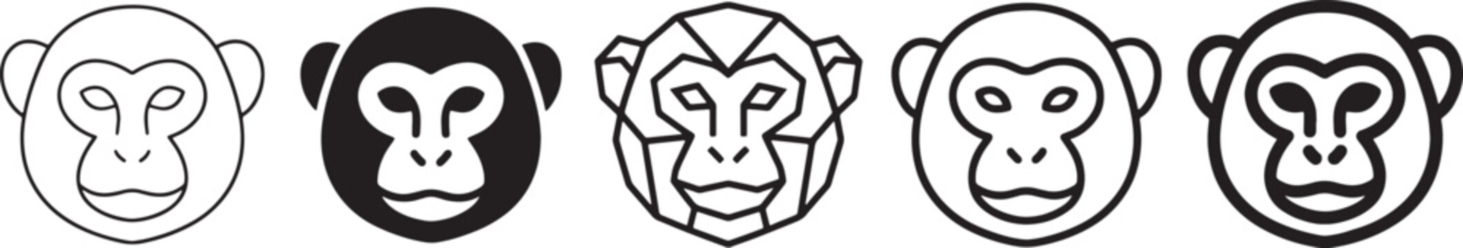 Set of five monkey head icons featuring various artistic styles including minimal thin lines, bold solid silhouettes, geometric shapes, rounded outlines, and thick black line designs Vector