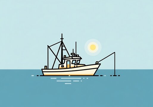 Minimalist illustration of a fishing boat at sea under a bright sun