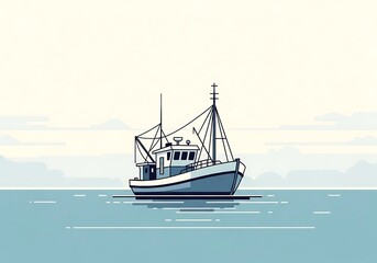 Obraz premium Minimalist illustration of a fishing boat sailing on calm waters
