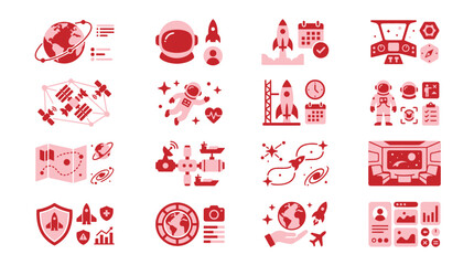 Collection of Space Exploration Icons and Illustrations in Red Tones. © xavier