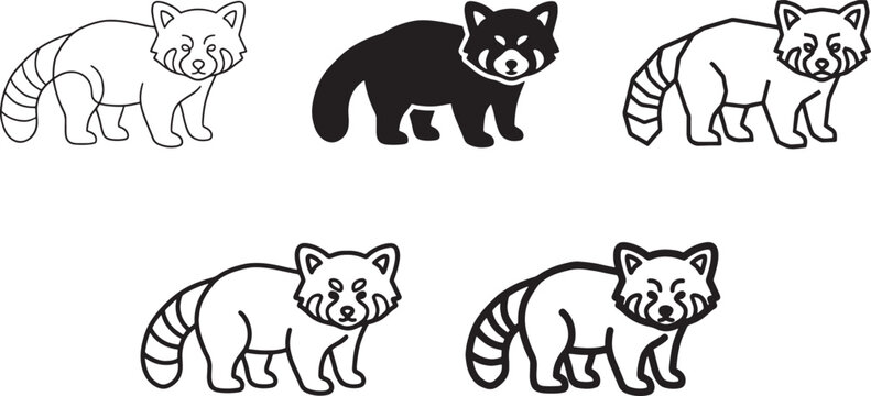 Set of five red panda icons with different design styles including thin line outline, bold solid silhouette, geometric stroke, rounded outline, and thick bold line art for web graphics Vector