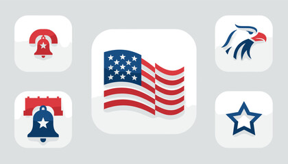 Collection of American patriotic icons including a waving flag, Liberty Bell, eagle, and star. © Roma