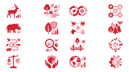 Set of icons representing environmental sustainability, conservation, and ecological balance with charts and graphs. © xavier