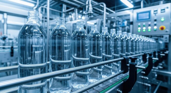  Linha de produ&ccedil;&atilde;o automatizada de engarrafamento de &aacute;gua mineral em uma esteira transportadora moderna na ind&uacute;stria de bebidas e alimentos no Brasil