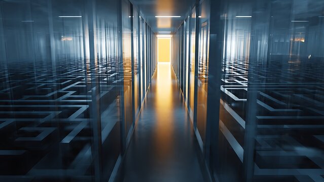 A modern office corridor lined with glass partitions reflecting complex maze patterns, leading toward a bright golden exit, symbolizing strategic solutions, path to success, and vision.