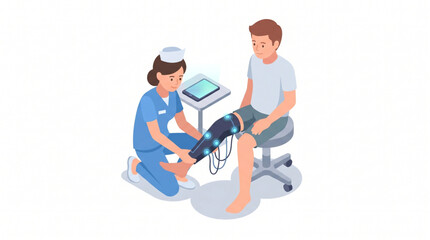 Fototapeta premium Isometric illustration of nurse setting up a neuromuscular stimulation sleeve on a patient leg