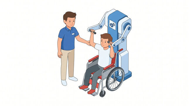 Isometric illustration of fitness therapist assisting a wheelchair user with upper body mobility robot