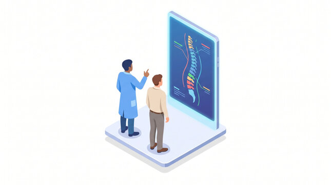Isometric illustration of ergonomist analyzing patient back posture using a digital screen