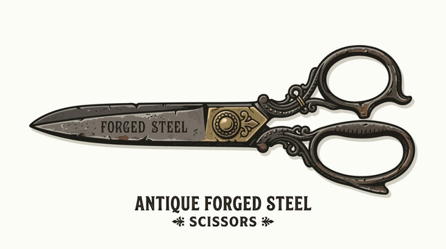 Antique forged steel scissors, vintage illustration