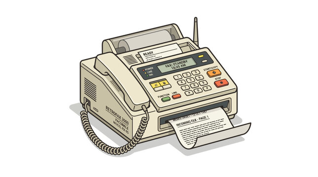 Retro fax machine with paper output and handset, isolated on white.