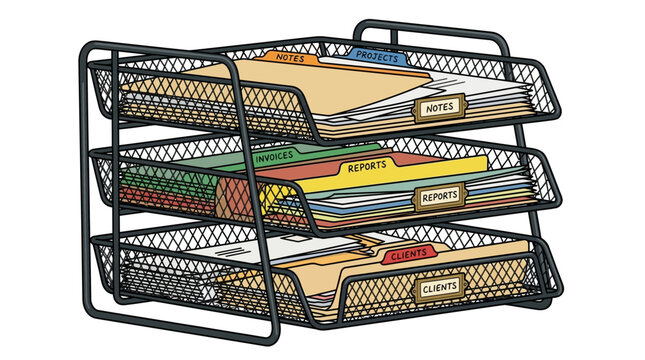 Three-tier wire mesh desk organizer with folders and documents