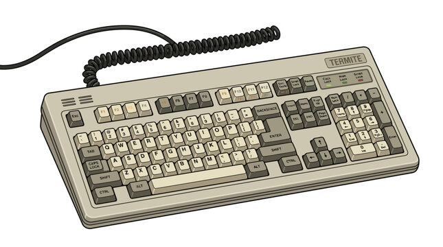 Vintage beige computer keyboard with coiled cable