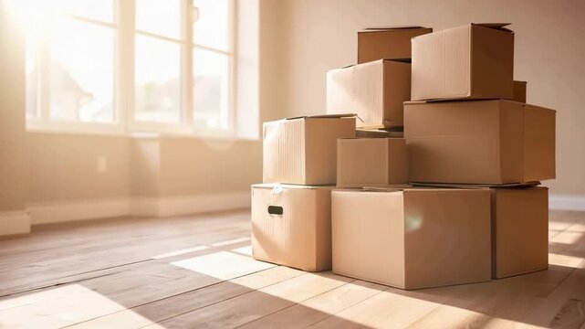 Boxes are stacked in a room filled with sunlight. The wooden floor adds warmth to the space while light flows through the windows.
