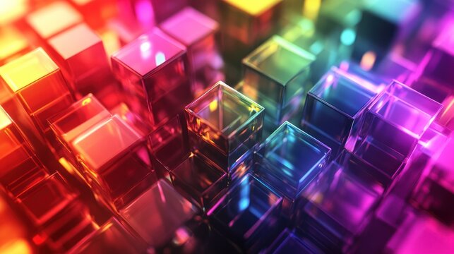 Colorful illuminated transparent cubes in a vibrant grid pattern