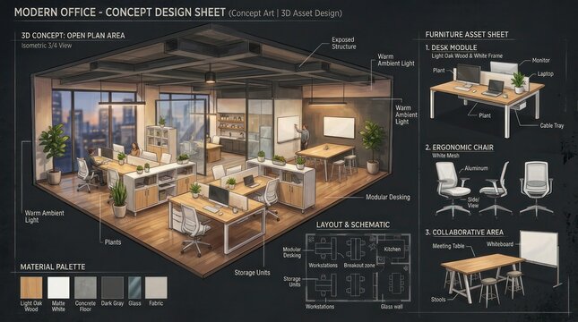 Modern Office Concept Design Sheet with Furniture and Layout Details.