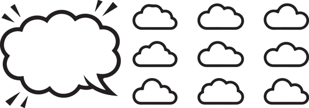 Minimal comic book speech bubble set with various simple fluffy cloud shapes for creative projects