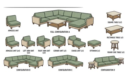 Fototapeta premium Modular Furniture Set - Various Configurations and Components Illustrated.