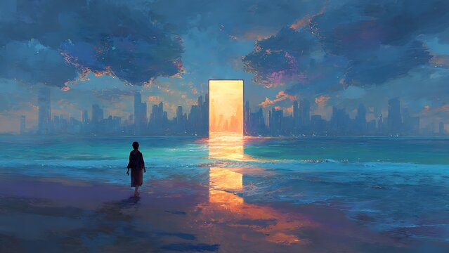 A person standing on a beach looking at a glowing golden portal over the ocean with a city skyline in the background at twilight. Conceptual illustration of future, hope, and opportunity.