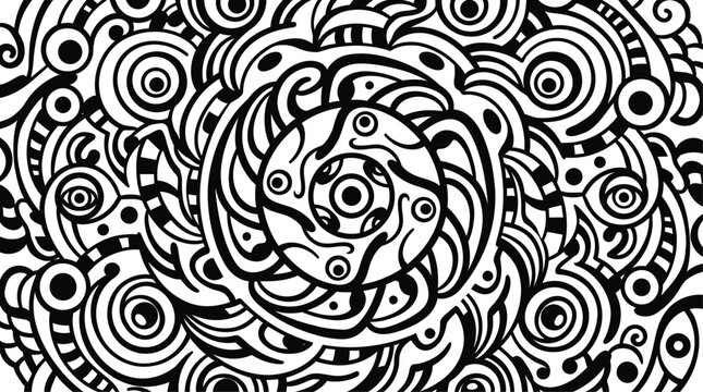 Intricate Abstract Psychedelic Doodle Pattern with Swirls and Eyes in Black and White Mandala