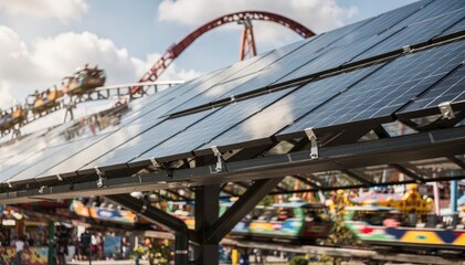 Naklejka premium Medium shot of roofmounted solar panels integrated with roller coaster structure main panels in sharp focus while background thrills softly blur.