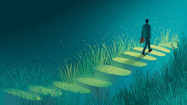 Businessman walking up glowing stepping stones through a dark grassy field. Conceptual illustration for career growth, overcoming challenges, guidance, sustainability, and green business.