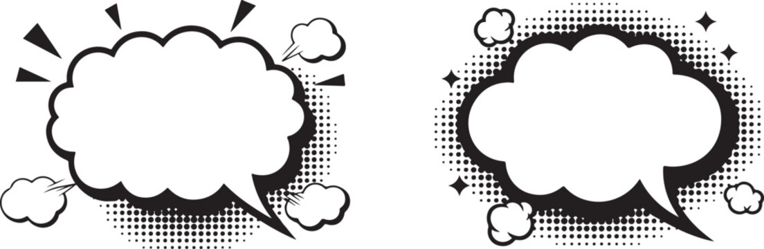 Retro comic style speech bubbles with halftone patterns and decorative puff elements for graphic design
