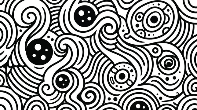 Abstract Black and White Hand Drawn Doodle Pattern with Swirls Circles and Trippy Wavy Line Art