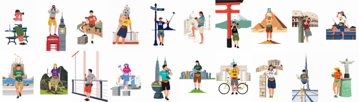 Collection of diverse tourists visiting famous global landmarks, taking photos, and exploring world-renowned travel destinations in a flat illustration style.