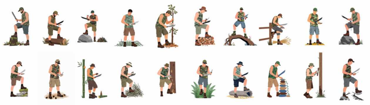 Collection of men in camouflage clothing sharpening machetes and large knives in various outdoor survival and bushcraft scenarios, vector illustration.