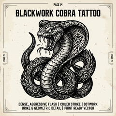 Fototapeta premium Blackwork Cobra Tattoo Art, Aggressive Snake Illustration, Dotwork Style