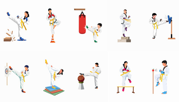 Collection of martial artists practicing taekwondo and karate skills like kicking, balancing, and wood breaking, shown in a clean flat illustration style.