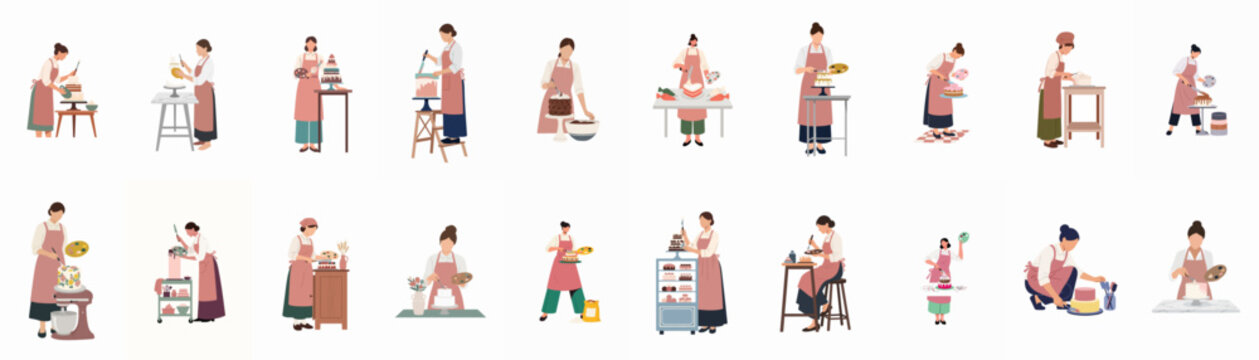Flat illustration set of female pastry chefs and cake decorators creating artistic desserts with palettes and spatulas, isolated on white background.