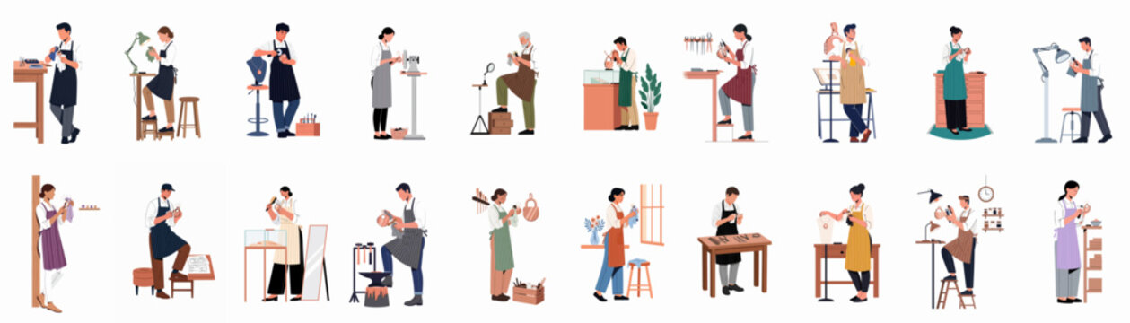 Collection of Diverse Jewelers and Artisans Working in Their Studios, Designing and Making Handmade Jewelry in a Flat Vector Illustration Style.