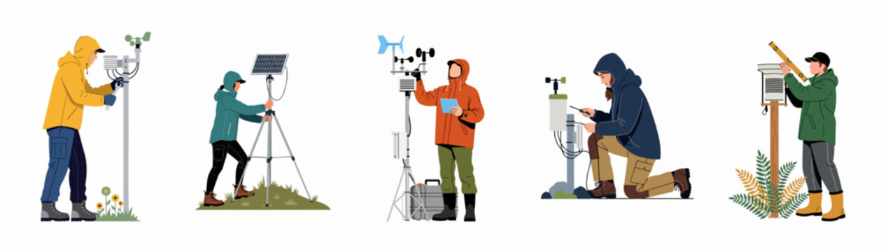 Professional meteorologists and scientists in outdoor gear working with various weather stations and meteorological equipment for data collection and environmental research.