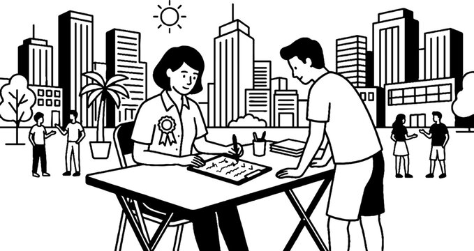 Event coordinator recording data at outdoor city registration desk