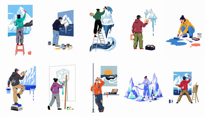 Collection of diverse artists creating illustrations about climate change, melting glaciers, and arctic landscapes through various painting techniques and styles. © Andres