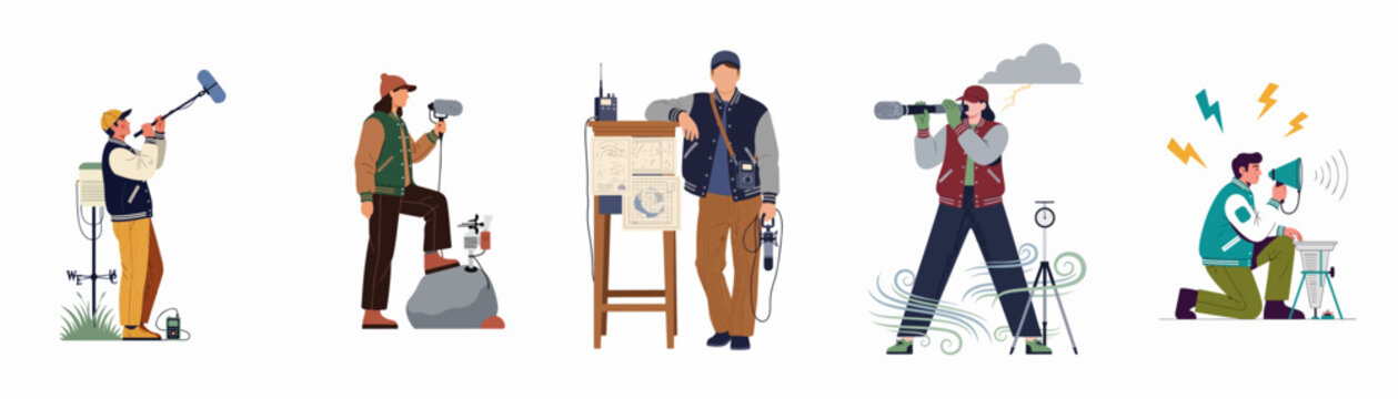 Collection of flat vector illustrations depicting meteorologists and storm chasers using scientific tools to observe and record weather phenomena and storm data.