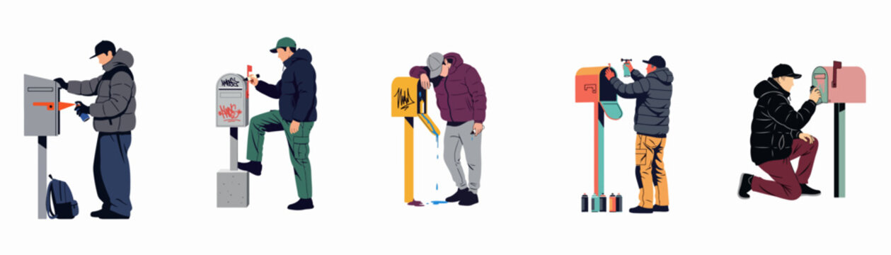 Vector illustration set of young men in streetwear tagging and vandalizing mailboxes with spray paint and markers, isolated on white background.