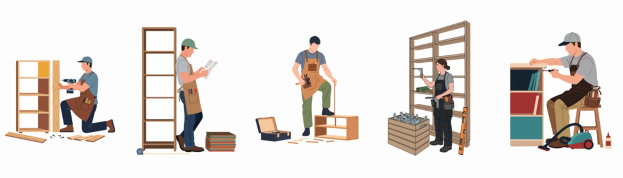 Collection of illustrations featuring furniture assemblers and carpenters building wooden bookshelves and cabinets using diverse tools, isolated on a white background.