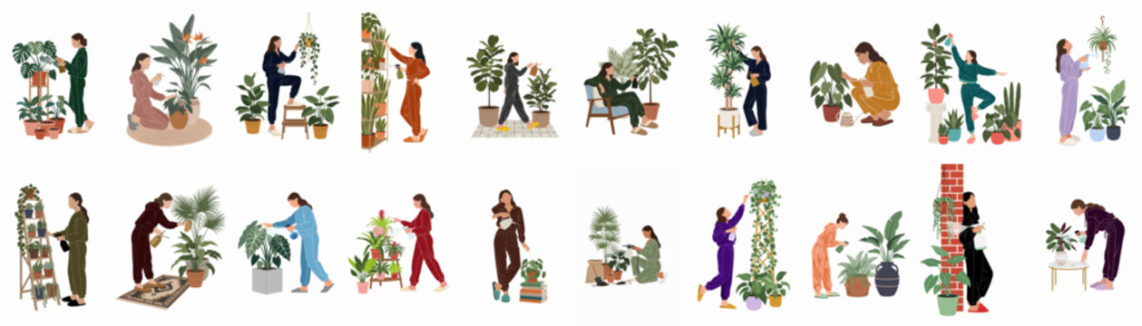 Set of illustrations of women in loungewear caring for indoor houseplants, including watering and spraying, isolated on a white background.