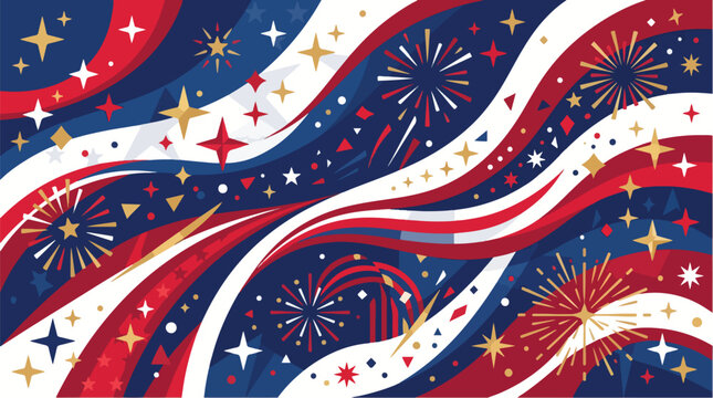 Patriotic fireworks display with wavy lines and bright star shapes