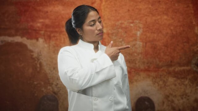 Young woman chef wearing white jacket with buttons and sleeve folds points finger with hand in studio against rust plaster wall, ponytail and neutral expression; quiet confidence.