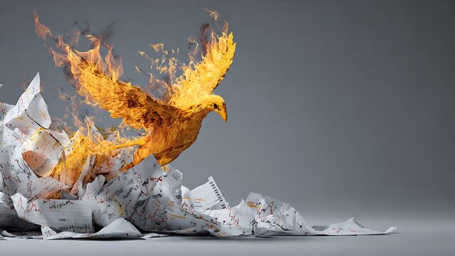 A majestic fire bird phoenix rising from burning crumpled papers, symbolizing creative freedom, breaking barriers, business transformation, rebirth, and innovative