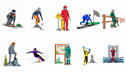 Set of ten vector illustrations showcasing professional longboarders in various poses and environments, featuring full protective gear and dynamic downhill racing scenes. © Andres