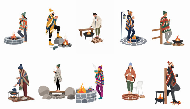 Collection of people in cozy winter clothes drinking hot drinks around campfires and fire pits, isolated on white background flat vector illustration.