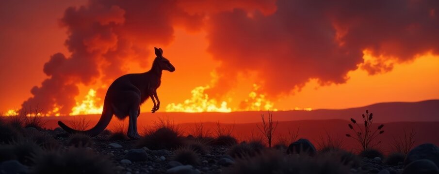 Burning landscape, kangaroo silhouette against inferno , red, kangaroo, fire